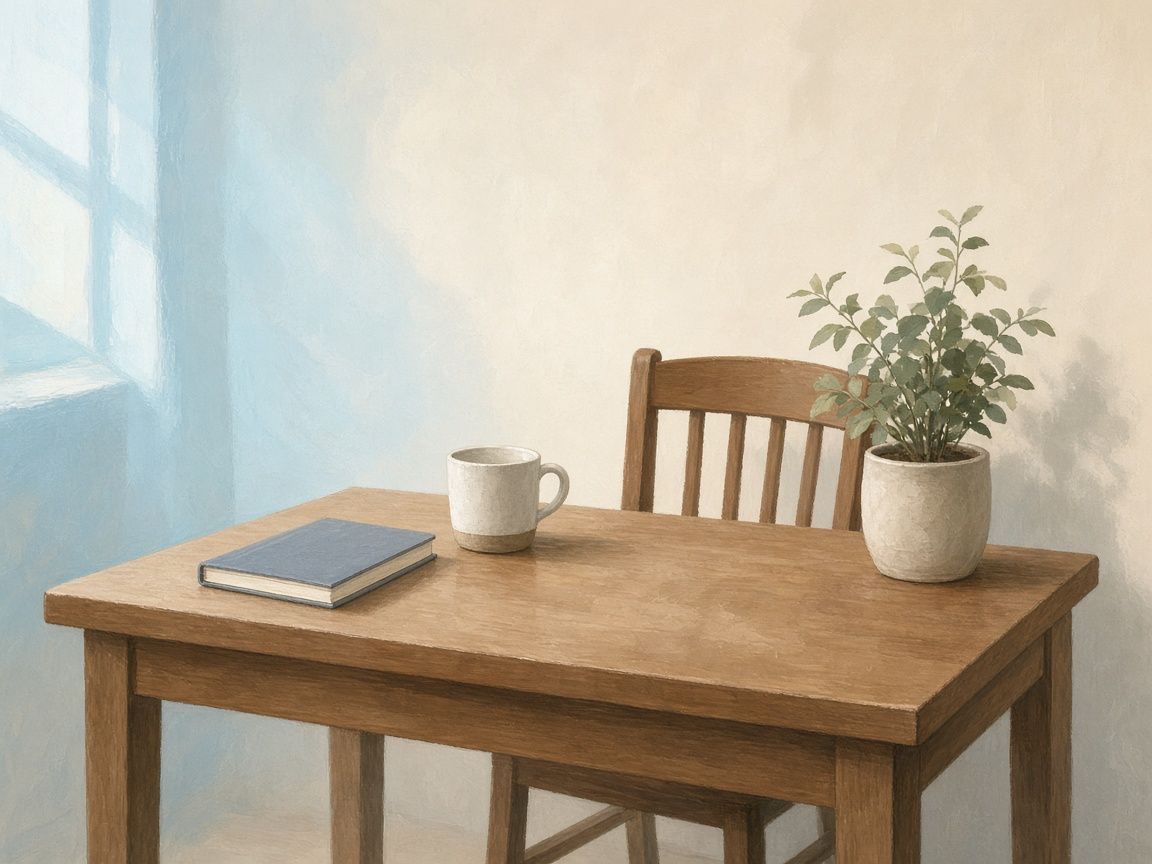 Illustrated desk with a closed notebook and a plant