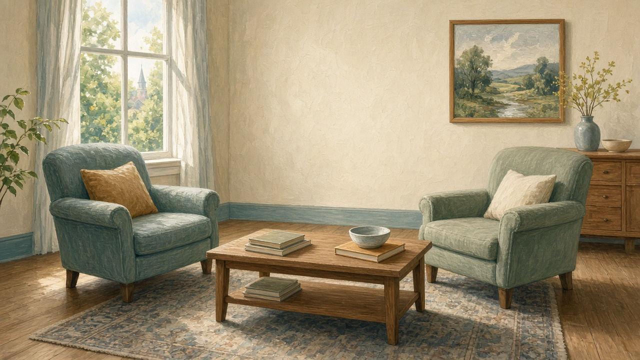 Illustrated counseling room with two empty chairs and a window